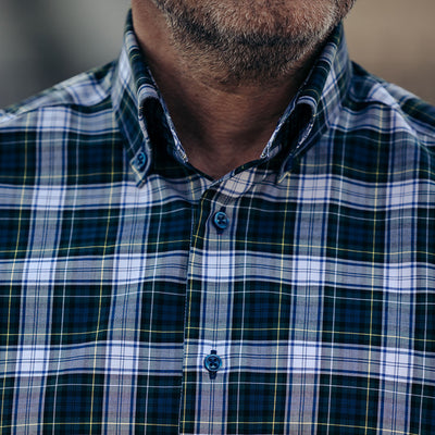 Men's casual shirt in navy blue and green Merer plaid